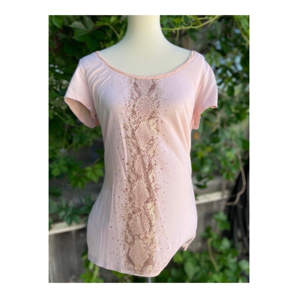 Jennifer Lopez Pink Scoop Neck Tee Shirt Animal Print Stripe Sz L